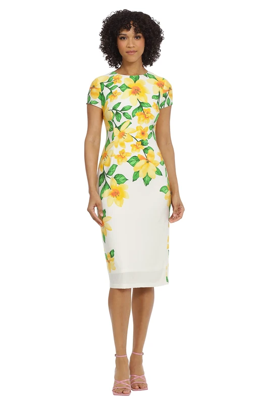 Maggy London Women's Dresses Placement Print Matte Jersey Midi Sheath Career Office Workwear Event Occasion Guest of, Ivory Mimosa, 14