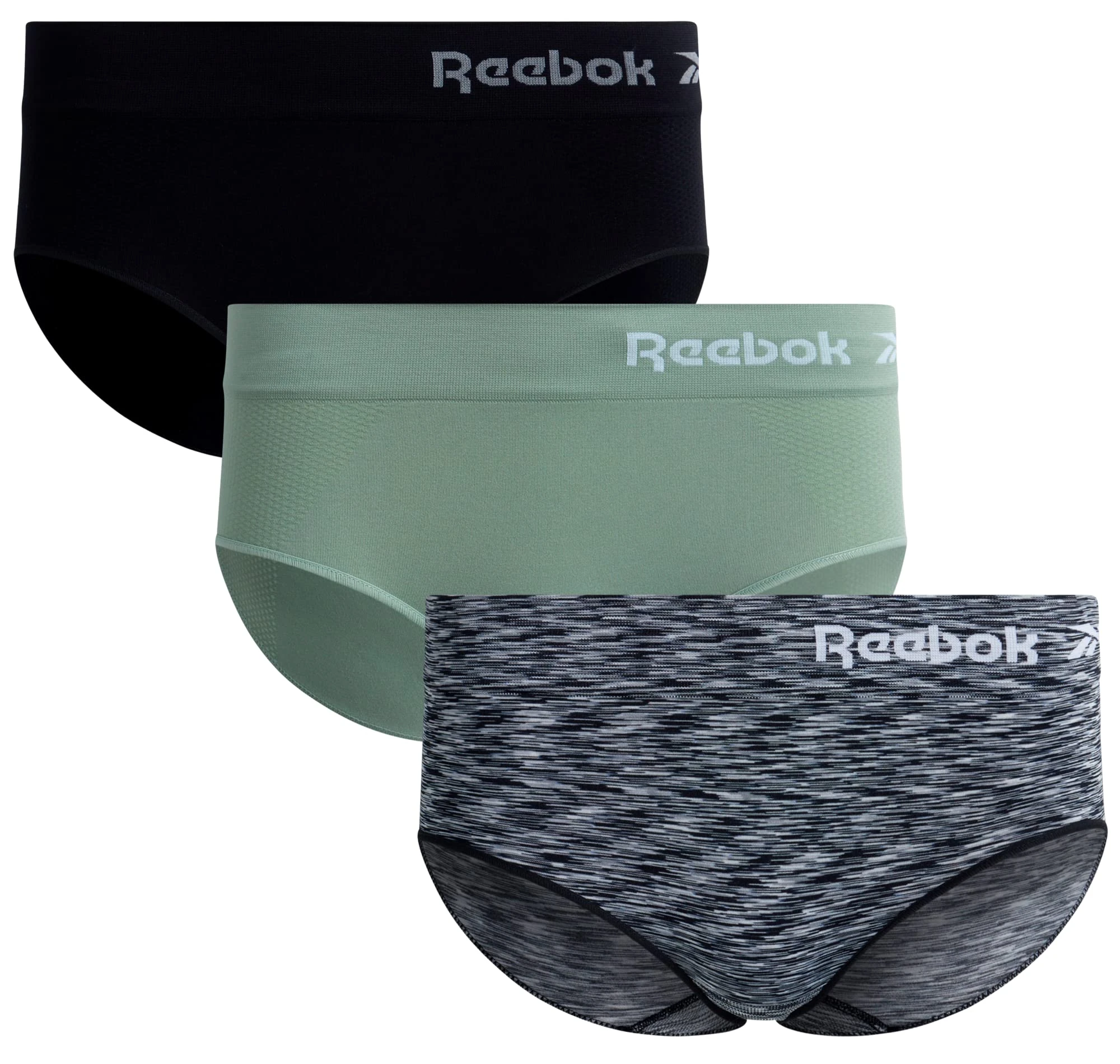 Reebok Women's Hipster Briefs - 3 Pack Breathable Stretch Performance Hipster Panties - Seamless Underwear for Women (S-XL), Black/Sage Green/Black Spacedye, S