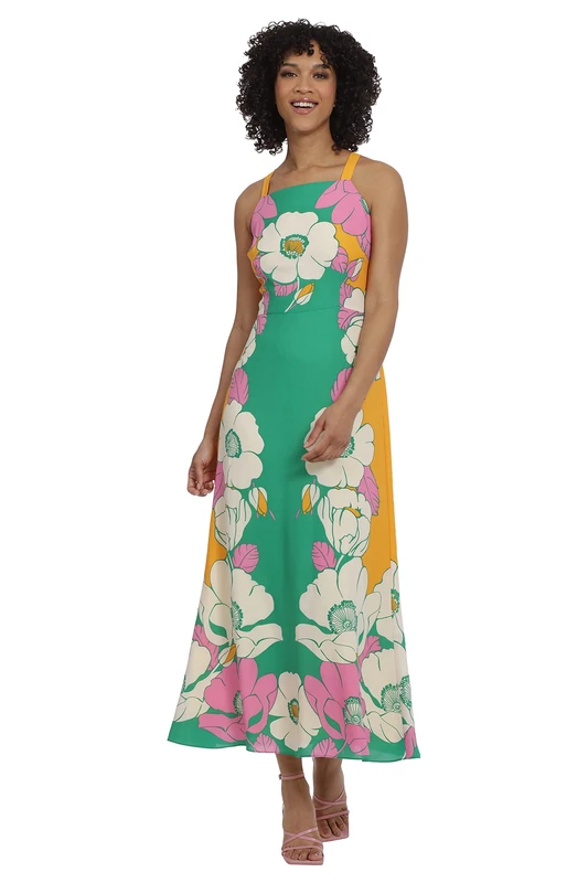Maggy London Women's Bold Colorful Fun Printed Georgette Maxi Dress, Mimosa/Cream, 18