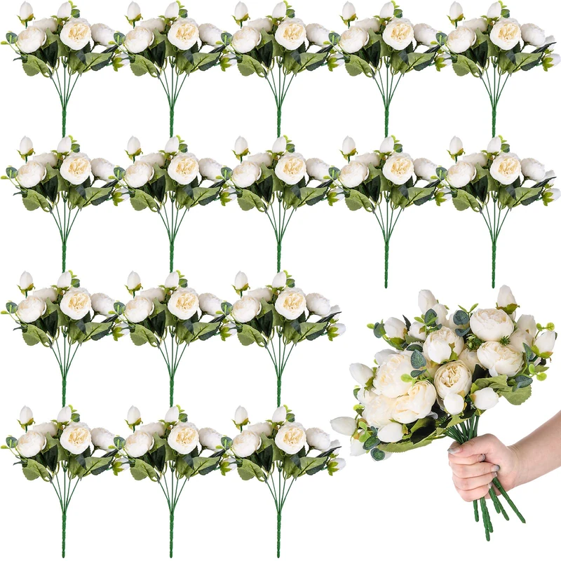 Yunlly 16 Packs Artificial Peony Flowers Faux Flowers Peonies Bouquet Silk 5 Heads Vintage Wedding Home Table Door Decor Reusable Bouquet Rose Flowers for Bridal Wedding Birthday Home (White)