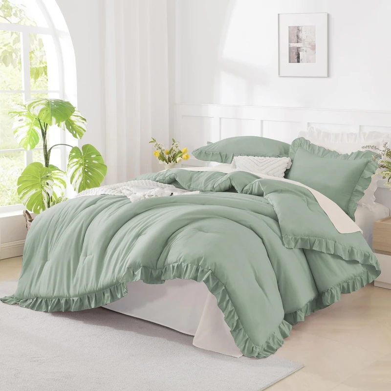 Andency Green California King Comforter Set, 3 Pieces Shabby Chic Bedding