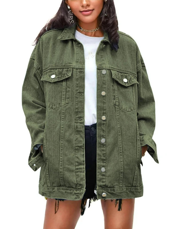 Omoone Women's Oversized Mid Long Denim Jacket Jean Biker Coat, Green, L