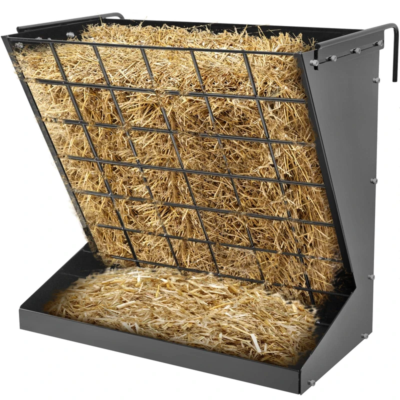 Wall Mount Hay Rack, Heavy-Duty Galvanized Metal 2 in 1 Hay and Grain Feeder, Livestock Feeder with Adjustable Distance, Hay Feeder for Goats, Sheep, Horse