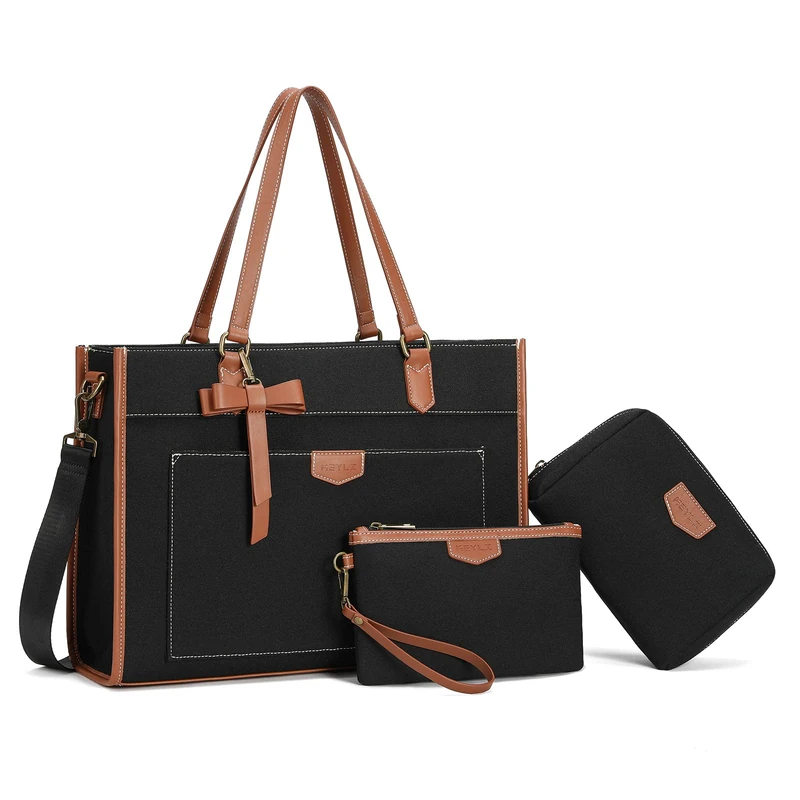 Keyli Laptop Bag for Women Canvas Tote Bags 15.6 inch Large Capacity Shoulder Handbag Lightweight Briefcase Purse 3 PCS Sets, Black_3pcs - Image 1