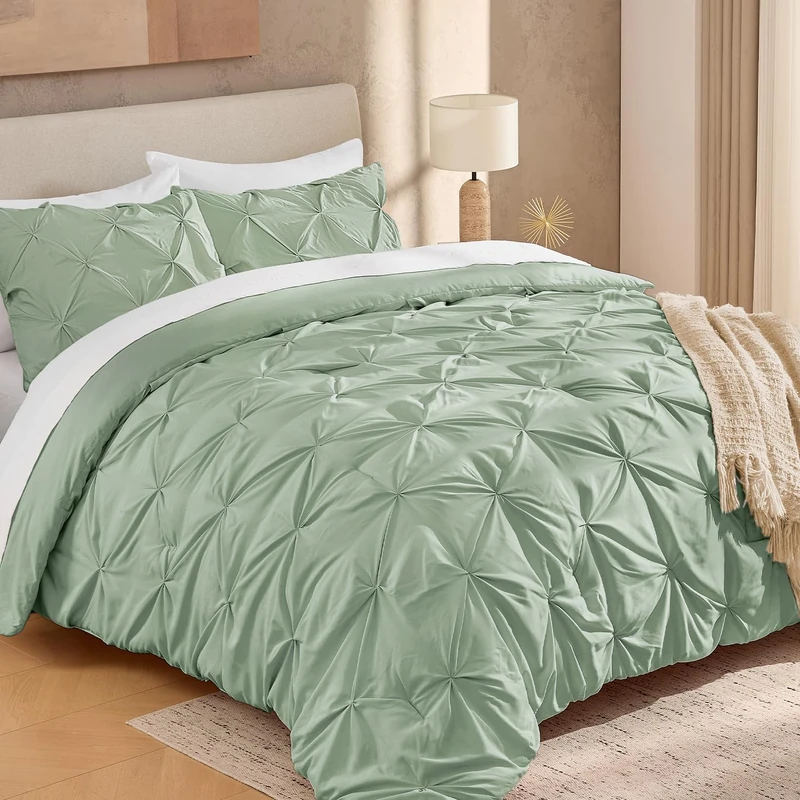 Andency California King Pinch Pleat Sage Green 3 Piece Comforter Set