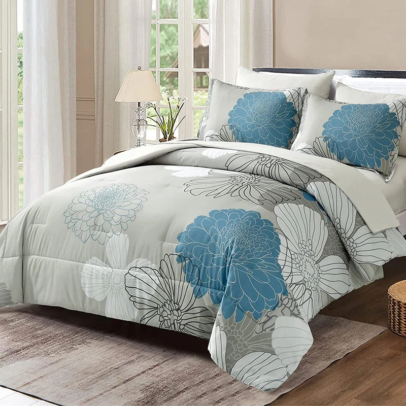Yiran 7 Pieces Bed in a Bag King Comforter Set Blue Floral Comforter Sets Soft Microfiber Flowers Bedding Set (1 Comforter 1 Flat Sheet 1 Fitted Sheet 2 Pillowshams 2 Pillowcases)
