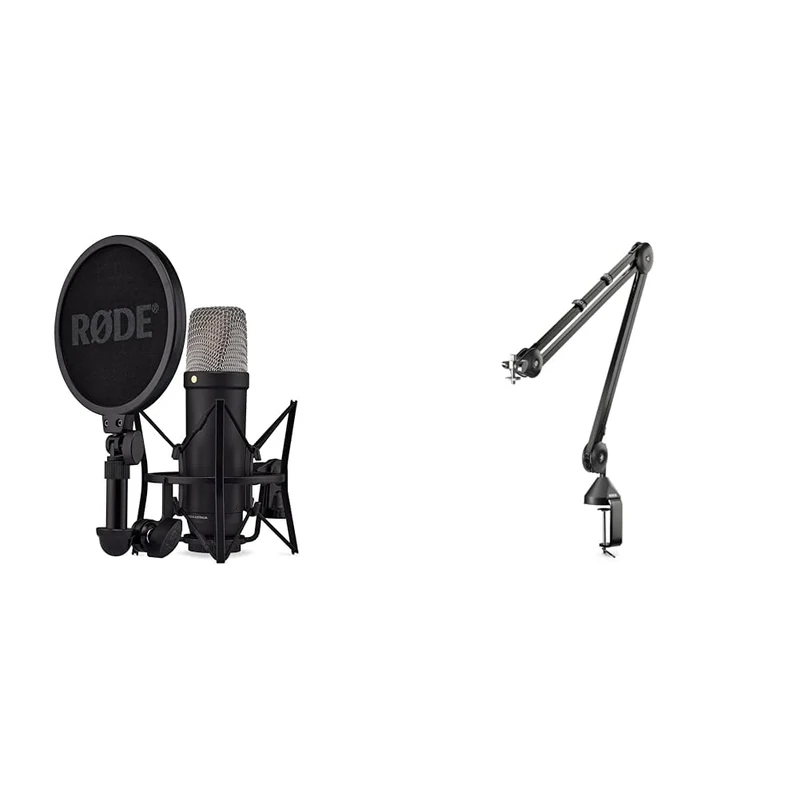 RØDE NT1 5th Generation Large-diaphragm Studio Condenser Microphone with XLR and USB Outputs, Shock Mount and Pop Filter (Black) & PSA1 Professional Studio Arm, MultiColored