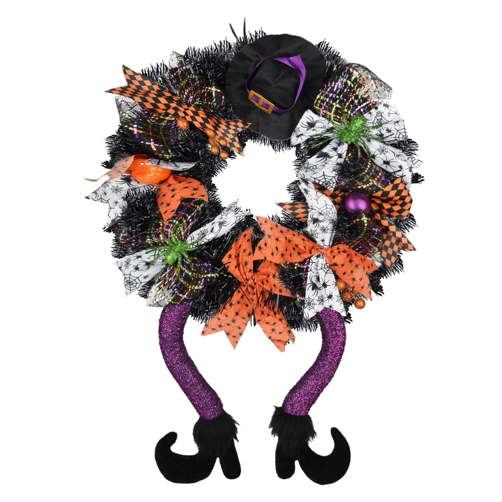 Ykgutilu Halloween Wreaths for Front Door, Halloween Front Door Wreath with Hat Witches Legs Pumpkin, Halloween Decorations for Door,Porch,Window,Indoor and Outdoor Decor