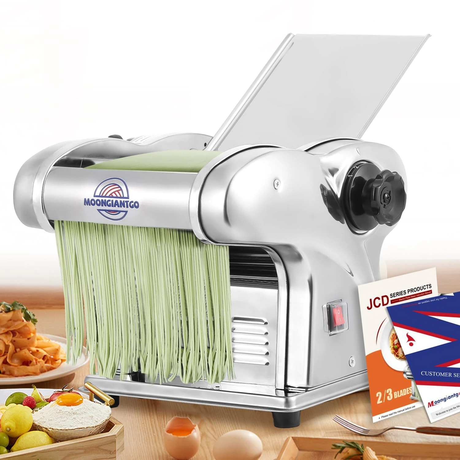 Moongiantgo Electric Pasta Machine Fresh Stainless Steel Pasta Machine with 3 Blades 1.5 mm, 4mm and 9 mm, 9 Degree Adjustable Thickness 0.3-3 mm, for Fettuccine, Tagliolini, Spaghetti