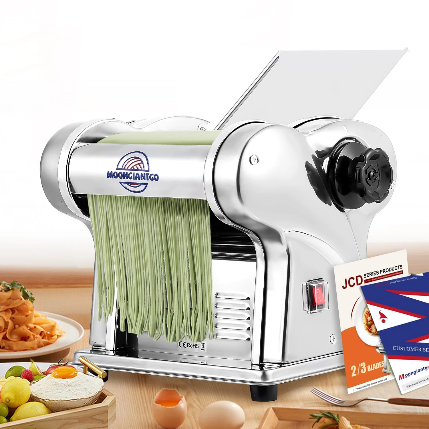 Moongiantgo Electric Pasta Machine Fresh Stainless Steel Pasta Machine with Blades 1.5 mm Fine and 4 mm Flat, 6 Degree Adjustable Thickness 0.3-3 mm, for Fettuccine, Tagliolini, Spaghetti