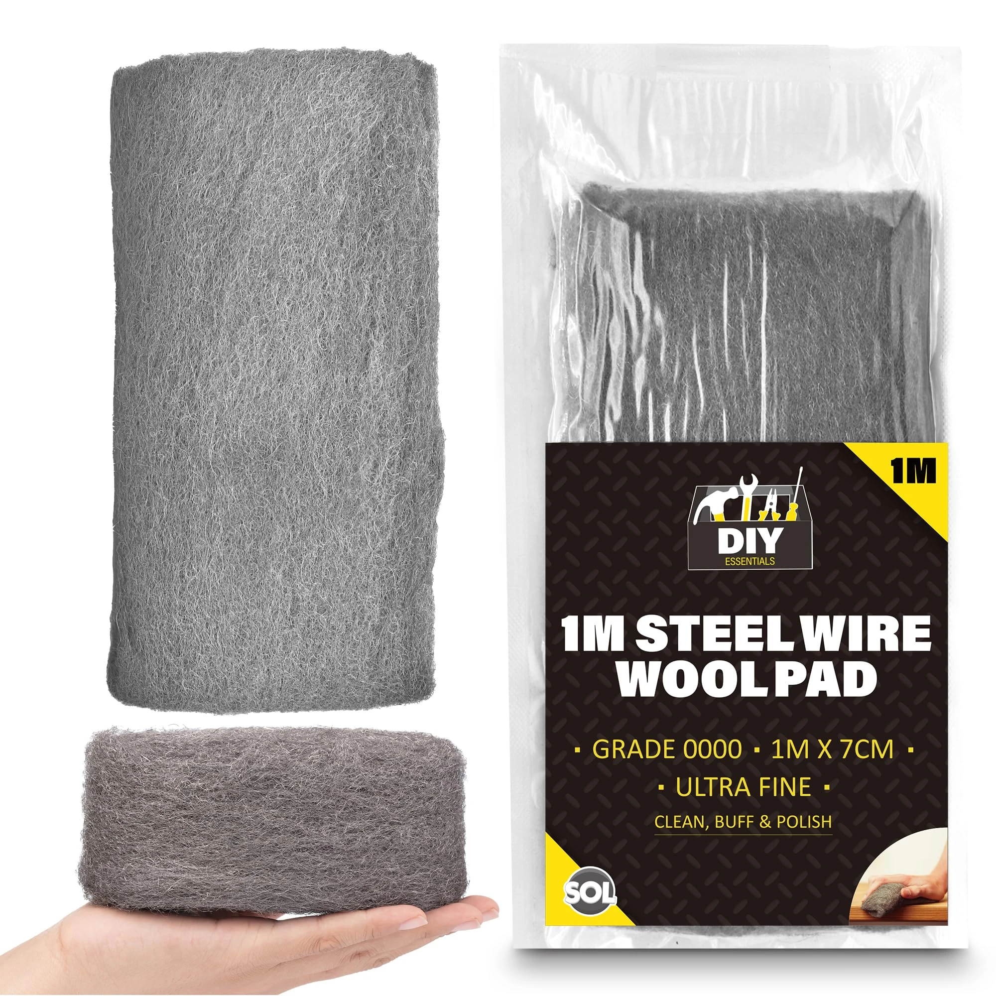 SOL 1 Meter Steel Wire Wool Pad - 1m Long x 7cm Wide - Grade 0000 - Steel Wool Mice for Polishing, Cleaning, Blocking Small Holes for Mice Rodent Control - Ultra Fine - Multipurpose