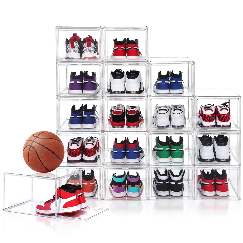 BVBOX 12 Pack Shoe Boxes Clear Plastic Stackable, Larger Clear Shoe Storage Boxes, Sturdy Shoe Storage Boxes, Drop Side Acrylic Shoe Boxes fit up to Us size 14 for Men/Women(14’X 11”X9”)