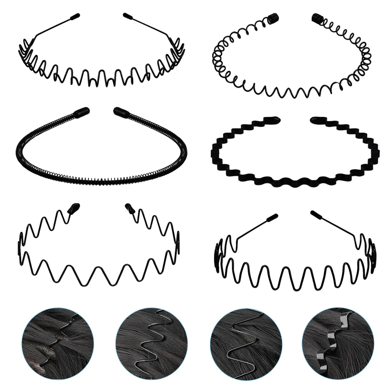 Metal Headband Mens Hair Band Non-Slip Sports Hair Hoop for Men Black Wavy Fashion Hair Band for Outdoor Weddings (6 PCS)