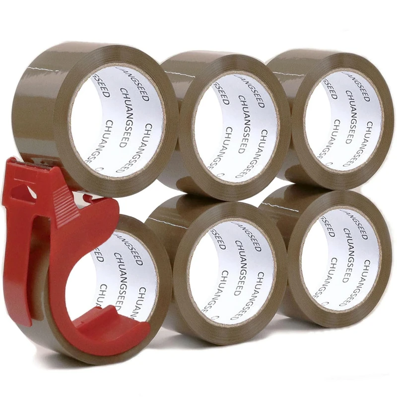 CHUANGSEED Brown 6-Rolls with Dispenser packing tape No Bubble Sticky Packing Tape,45mic x 48mm x 66m, Brown Packaging Tape for Moving,Parcels Sealing, Shipping (6, Brown)