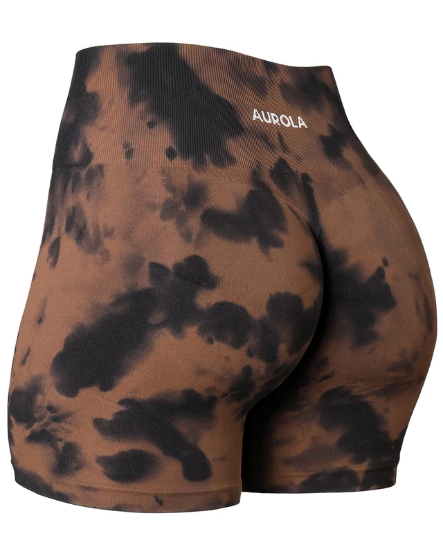 AUROLA Dream Tie Dye Workout Shorts for Women Seamless Scrunch Soft Active Shorts, Brown-Black Tie Dye, S