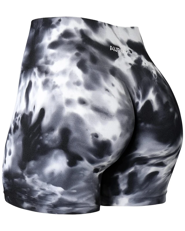 AUROLA Dream Tie Dye Workout Shorts for Women Seamless Scrunch Soft Active Shorts, White-Black Tie Dye, S