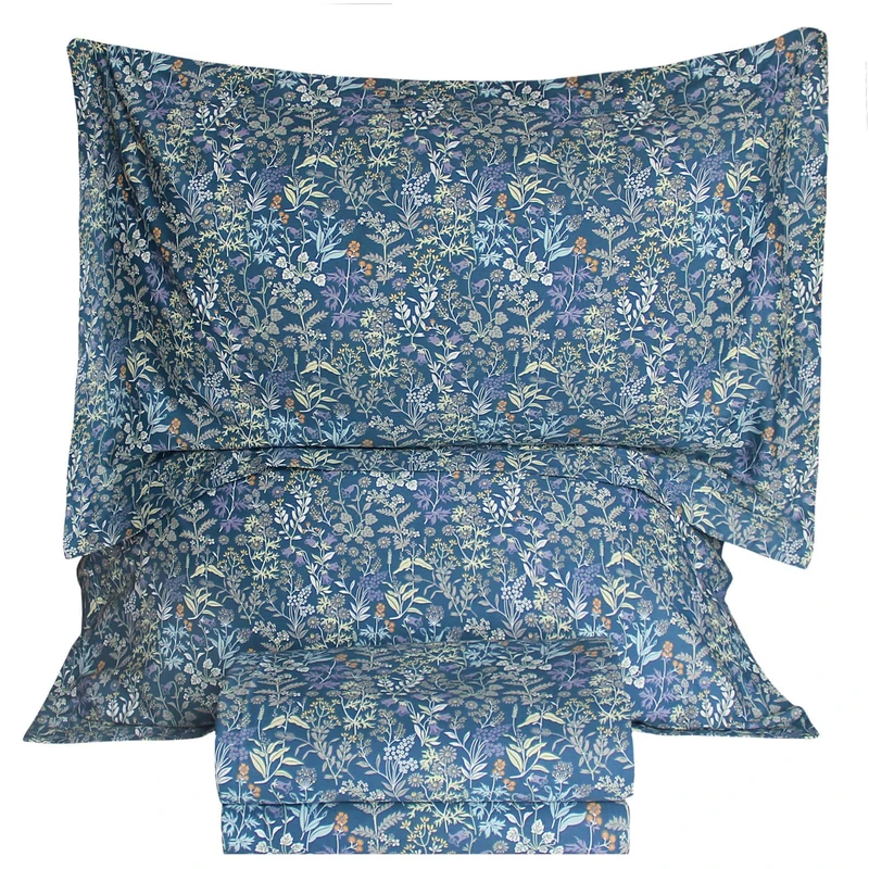 QSH 100% Cotton Sheets for King Size Bed - Blue Floral Plant Pattern Botanical Luxury Cotton Printed Floral Bedding King Size Sheet with Deep Pockets 17" Soft and Breathable 4pcs