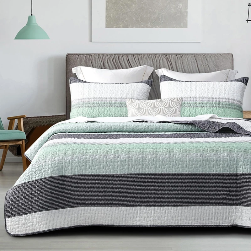 DURLENGEN Quilt Set California King Size 3Pcs,Soft Microfiber Lightweight Bedspread,White & Green Striped Geometric Pattern Coverlet for All Season Layering(Cal King 112x104, Mint Green)