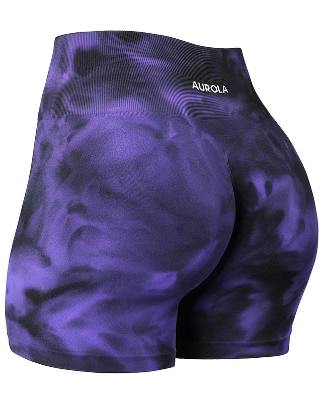 AUROLA Dream Collection Workout Shorts for Women Scrunch Seamless Soft High Waist Gym Shorts, Purple-Black Tie Dye, S