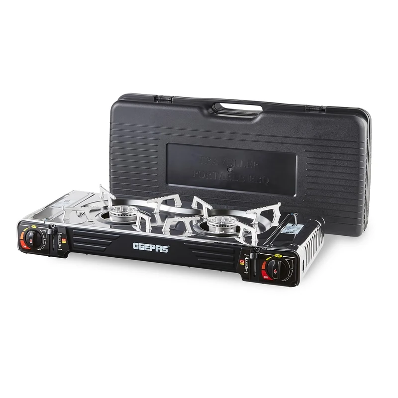 Geepas Portable Camping Gas Stove, Double Burner – BBQ Cooker, Outdoor Grill Plate – Automatic Ignition System, Butane Can - BBQ Caravan Outdoor