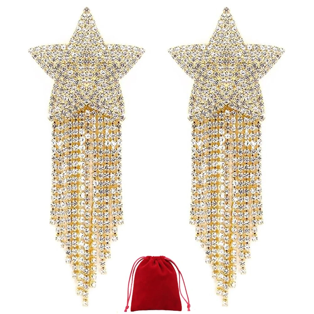 Shiny Rhinestone Nipple Cover Reusable Sparkly Star Pasties Breast Petal Sticker with Crystal Tassel (Gold)