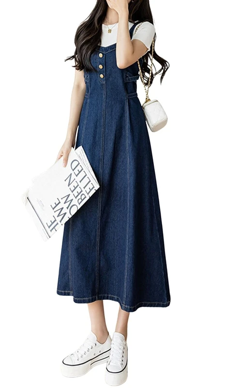 CHARTOU Women's Elegant Straps Back Smocked A-Line Long Skirt Denim Overall Pinafore Dress, Blue, XL