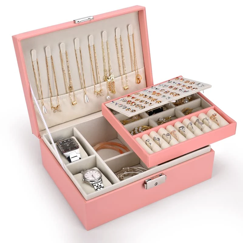 Pystuvo Jewellery Box for Women, 2-Layer Large Jewellery Organiser Box with 2 Watch Pillows, PU Leather, Travel Jewellery Organiser for Earrings Rings Necklaces Watches Bracelets,Pink
