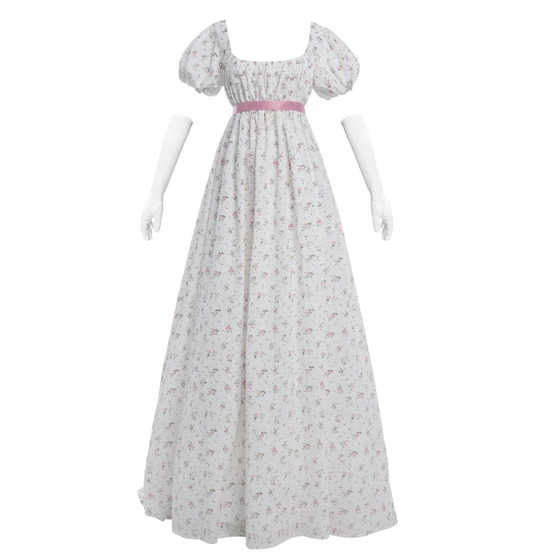 Nuoqi Regency Dresses for Women Floral Regency Era Dress Empire Waist Long Tea Party Dress, White Pink Floral, XL