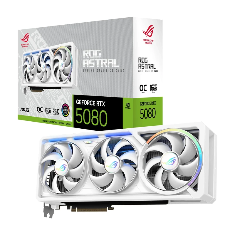 ASUS ROG Astral GeForce RTX 5080 16GB GDDR7 White OC Edition Gaming Quad Fan Graphics Card (NVIDIA DLSS 4, 3.8-Slot Design, PCIe 5.0, 3X DP 2.1b, 2X HDMI 2.1b, White, ROG-ASTRAL-RTX5080-O16G-WHITE)