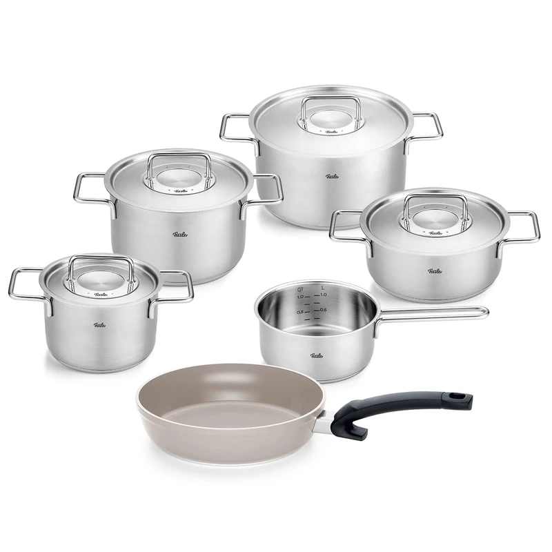 Fissler Pure Collection/Stainless Steel Cooking Pot Set, 6 Pieces, Pots with Metal Lids (3 Saucepans, 1 Saucepan, 1 Saucepan, Ceratal Comfort Pan 24 cm) - Induction