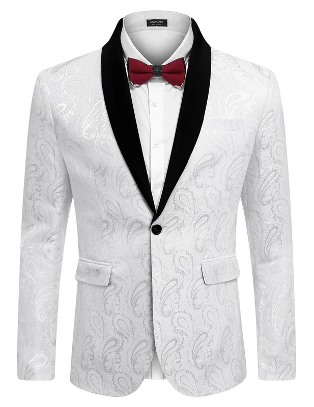 COOFANDY Mens Floral Tuxedo Jacket Paisley Shawl Lapel Suit Blazer Jacket for Dinner,Prom,Wedding, White, XL