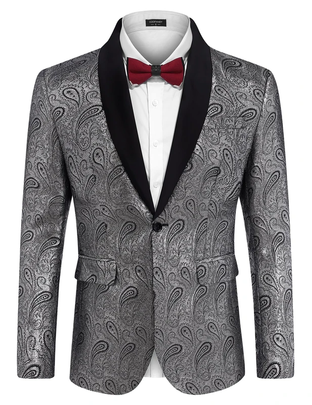 COOFANDY Mens Floral Tuxedo Jacket Paisley Shawl Lapel Suit Blazer Jacket for Dinner,Prom,Wedding, Silver, L