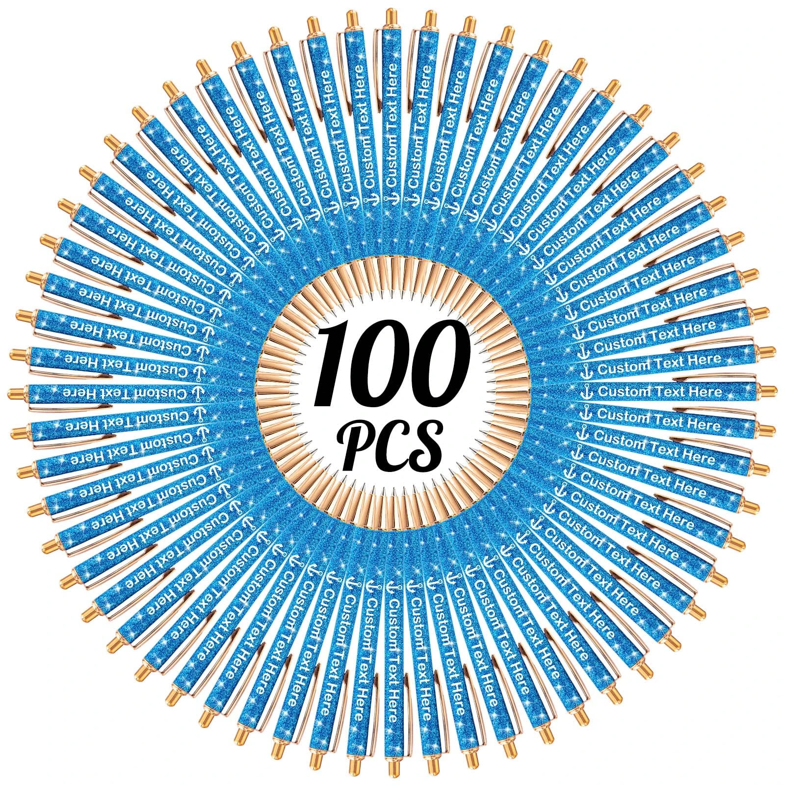 Xiuyours 100 Personalised Pens for Women Custom Glitter Pen with Name Logo Imprinted, Customised Sparkly Bling Ballpoint Pen Gift for Wedding Birthday Office Graduation, Blue