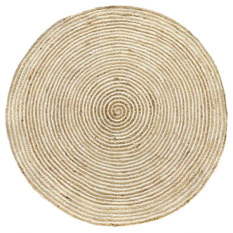 HAMID Jute Rug Round Baghdad 100% White and Natural Jute Fibre Hand Woven Soft Rug High Strength for Living Room Dining Room Bedroom Hallway Rug - 120 x 120 cm