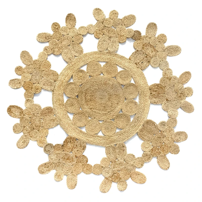 HAMID - Jute Rug Round, Rabat Rug 100% White and Natural, Jute Fibre Hand Woven, Soft Rug and High Strength Rug for Living Room, Dining Room, Bedroom, Hallway Rug - (125 x 125 cm)