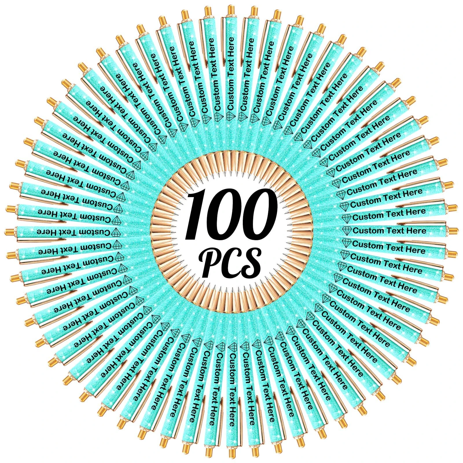 Xiuyours 100 Personalised Pens for Women Custom Glitter Pen with Name Logo Imprinted, Customised Sparkly Bling Ballpoint Pen Gift for Wedding Birthday Office Graduation, Cyan