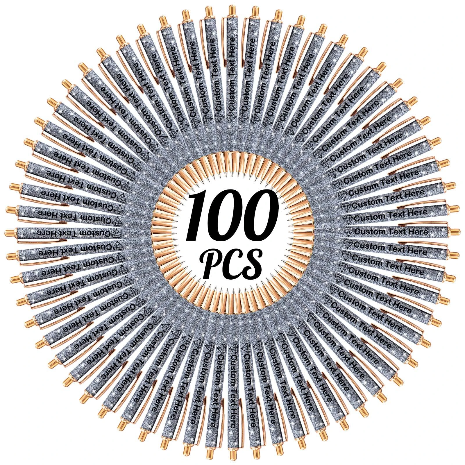 Xiuyours 100 Personalised Pens for Men Custom Glitter Pen with Name Logo Imprinted, Customised Sparkly Bling Ballpoint Pen Gift for Wedding Birthday Office Graduation, Gray