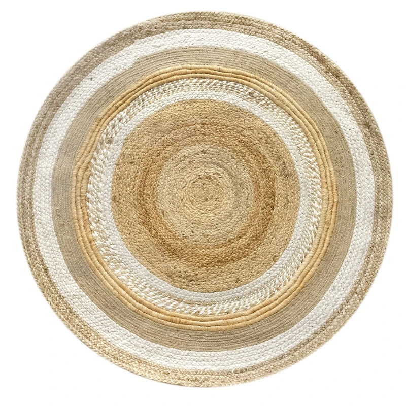 HAMID Cairp Jute Rug Round 100% White and Natural Jute Fibre Hand-Woven Soft Rug High Strength for Living Room Dining Room Bedroom Hallway Rug - 120 x 120 cm