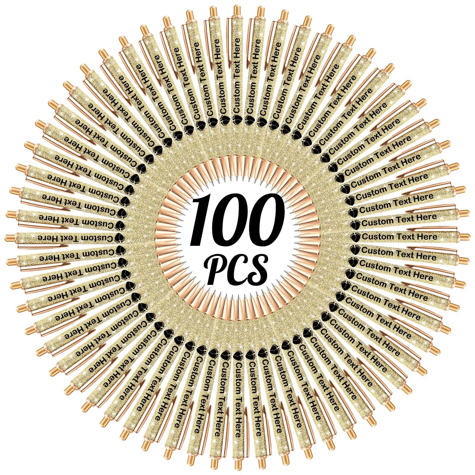 Xiuyours 100 Personalised Pens for Women Custom Glitter Pen with Name Logo Imprinted, Customised Sparkly Bling Ballpoint Pen Gift for Wedding Birthday Office Graduation, Gold