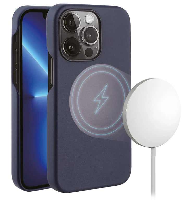 Vivanco Mag Classic Cover, Magnetic Wireless Charging Support for iPhone 13 Pro, Blue