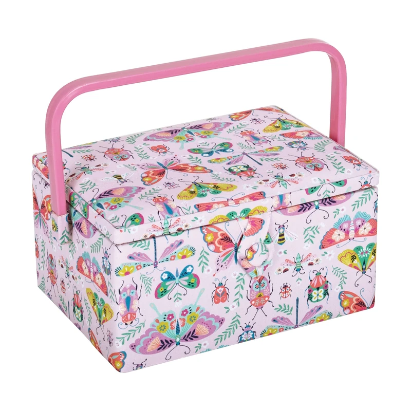 Hobby Gift Medium Sewing Box Organiser with Handle - Cotton Basket Sewing Storage Box, Craft Storage Boxes with Compartments for Tools & Accessories - 18.5 x 25.5 x 14.5cm, Bugs & Butterflies