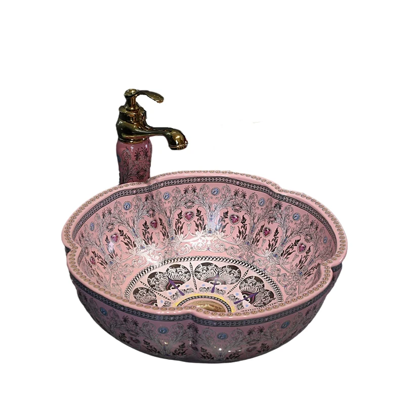 Bathroom Vessel Sinks Europe Style Pink Lucky Flower Ceramic Above Counter Sink for Vanity Top
