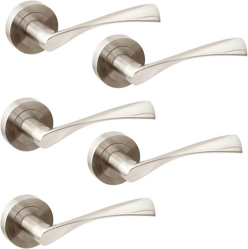 Jdel Set of 5 Interior Door Handles for Passage Door with 50mm Rosette Aluminium Satin Nickel