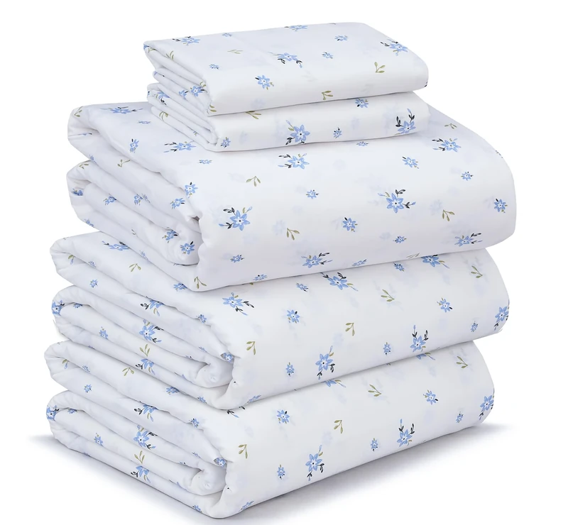 Ruvanti 100% Cotton Percale Sheets - Split King Size Bed Sheet Set, 5 Pcs, 1 Flat Sheet, 2 Fitted Sheets, 2 Pillow Cases, Blue Floral, Modern, Unisex, All Seasons