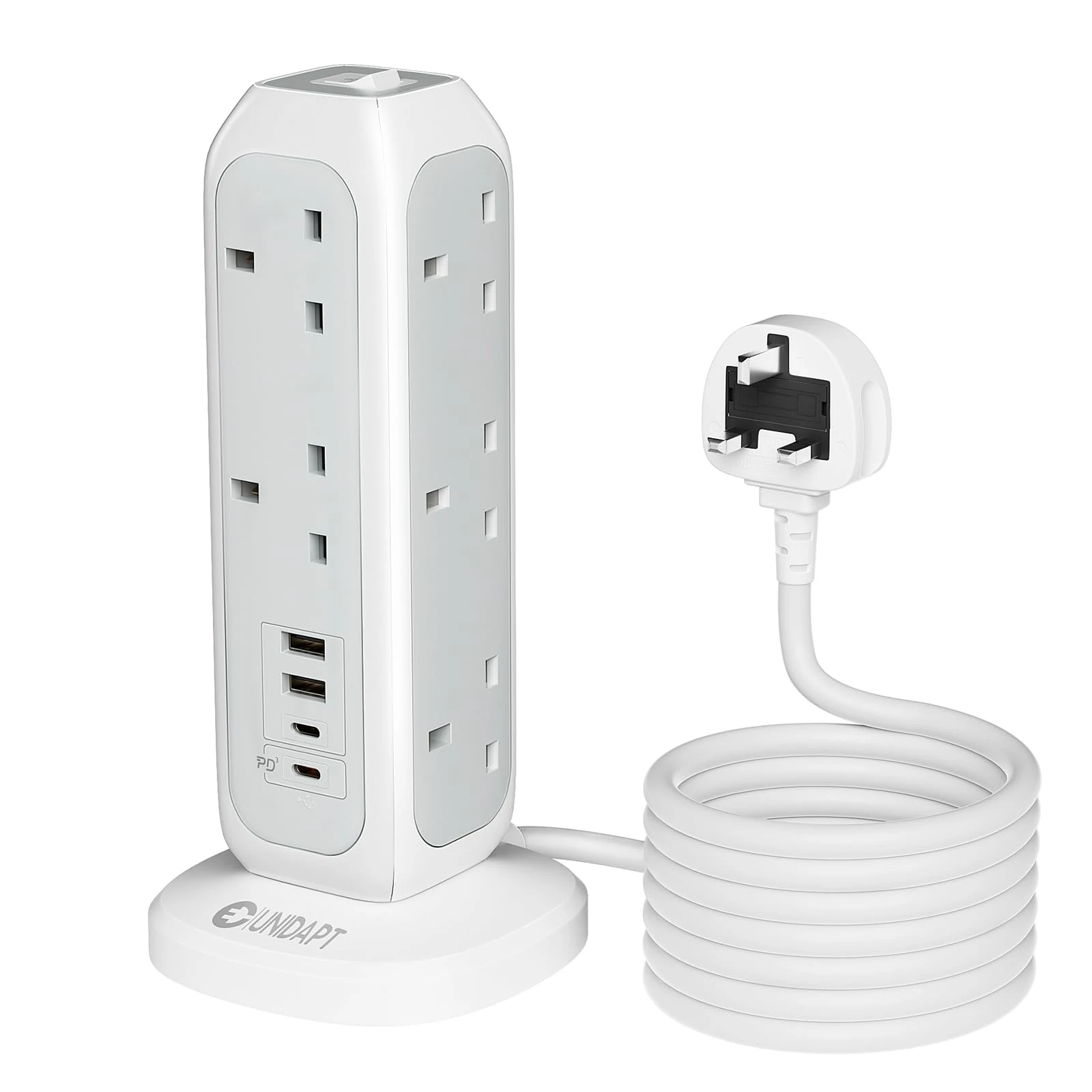 Unidapt Tower Extension Lead with 4 USB Slots, 20W USB C Fast Charger, 15-Way Surge Protected Multi Plug Socket with Switch, 2M Extension Cable, Power Strip for Home & Office