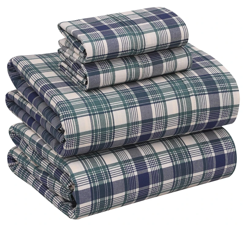 Ruvanti 100% Cotton Queen Size Sheets - Breathable & Durable Percale Sheet Set - 16 Inch Deep Pocket - Greenish Blue Plaid - 4 Pieces
