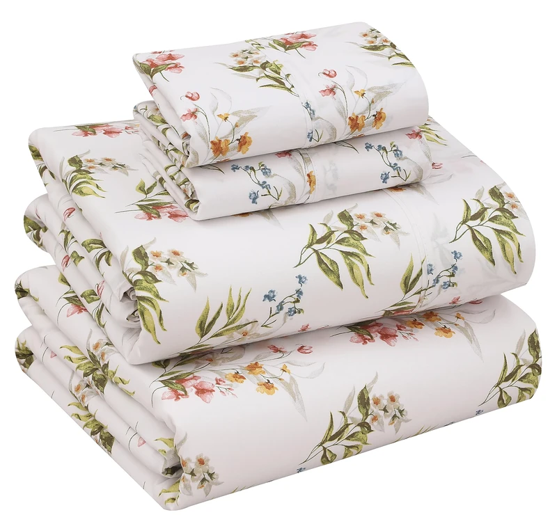 Ruvanti 100% Cotton Full Size Bed Sheets, 4 Pieces, Soft & Breathable Percale Weave Bedding, Deep Pocket 16", Hotel Standard, Crisp Cool Feel, Durable, Perfect Sheet Set Floral, Floral Bliss