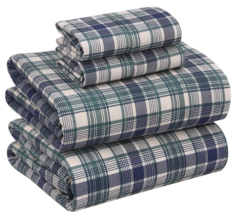 Ruvanti 100% Cotton Sheets - Crispy Cooling Percale Sheets for King Size Bed, Breathable & Durable King Sheet Set, 16 Inches Deep Pocket Bed Sheets, Greenish Blue Plaid, 4 Pieces