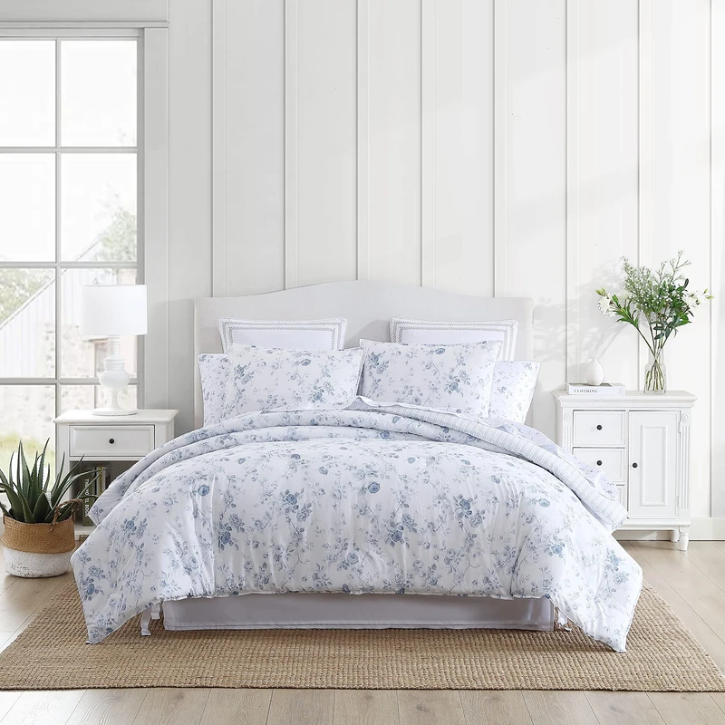 Laura Ashley Reversible Cotton Bedding with Matching Sham(s), Farmhouse Home Décor, Belinda Blue, Twin