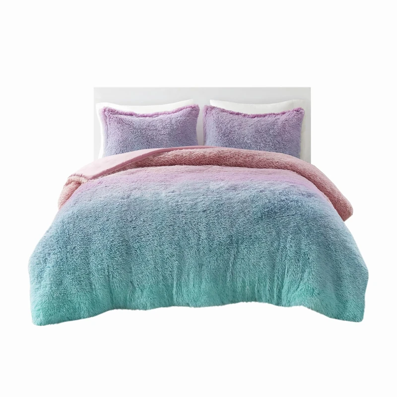 Mi Zone Winter Faux Fur Comforter Set for Girls Bedroom Decor, Trendy Vibrant Ombre Color, Down Alternative, Warm, Cozy & Soft Fluffy Bedding with Matching Sham, Full Queen Purple Multi 3 Piece